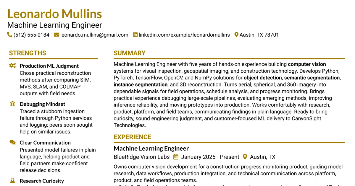 33 Machine Learning Engineer (Mid Level) Resume Templates with Example 2026 (ATS-Optimized)