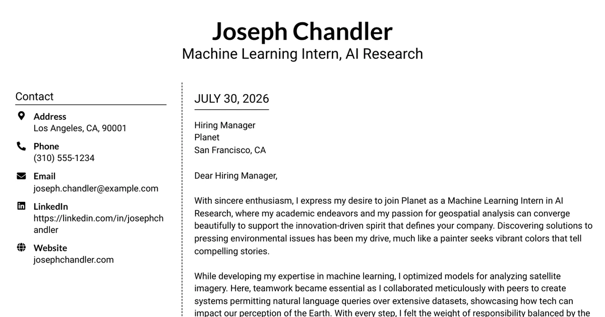 30+ Machine Learning Intern, AI Research Cover Letter Templates with Example 2026