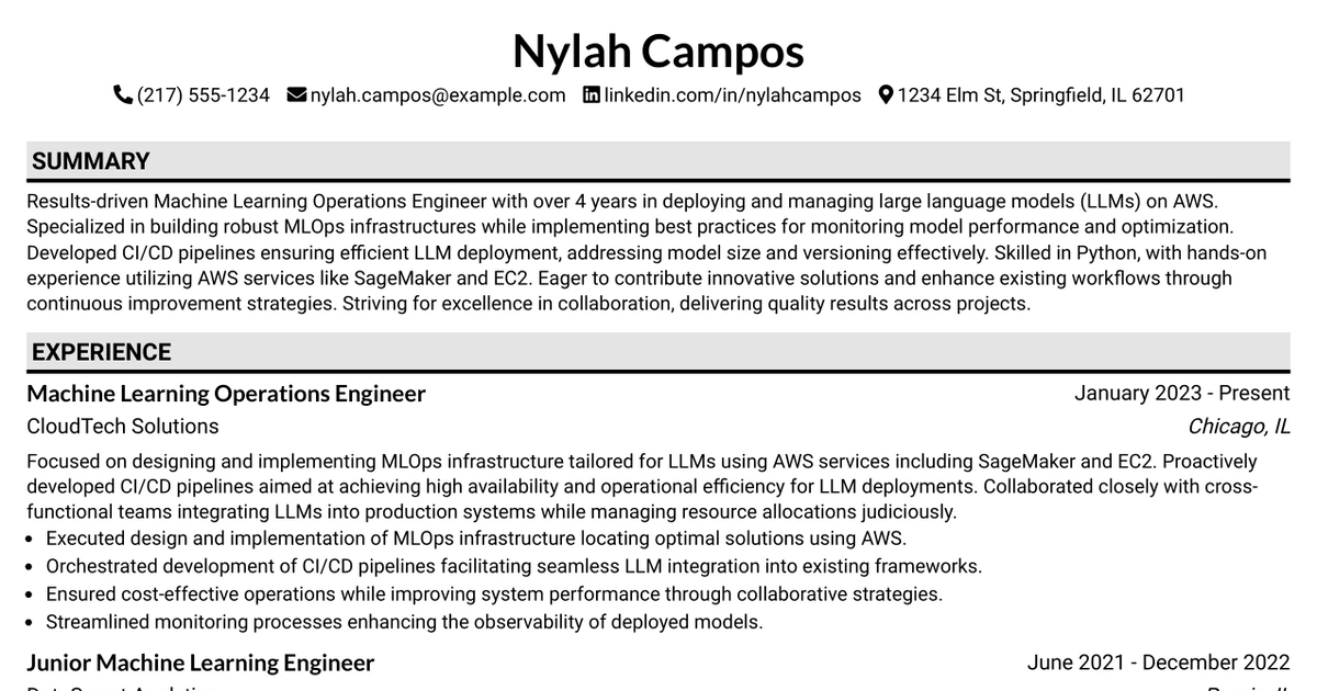 33 Machine Learning Operations Engineer Resume Templates with Example 2026 (ATS-Optimized)