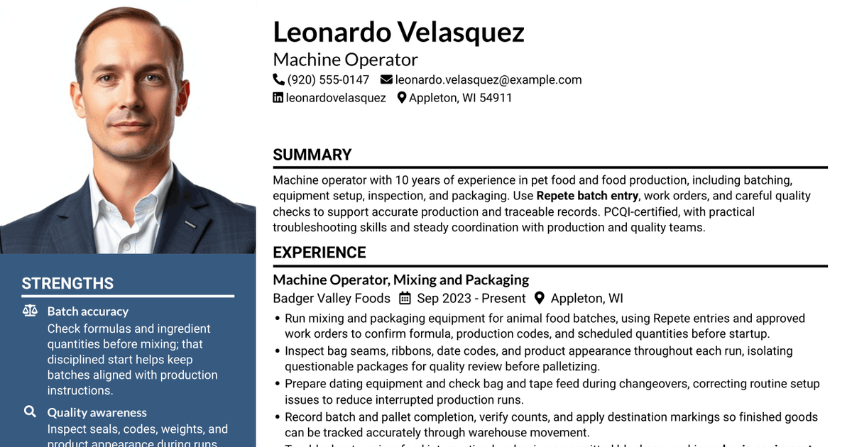 7 Machine Operator - Pet Food Production Resume Templates with Example