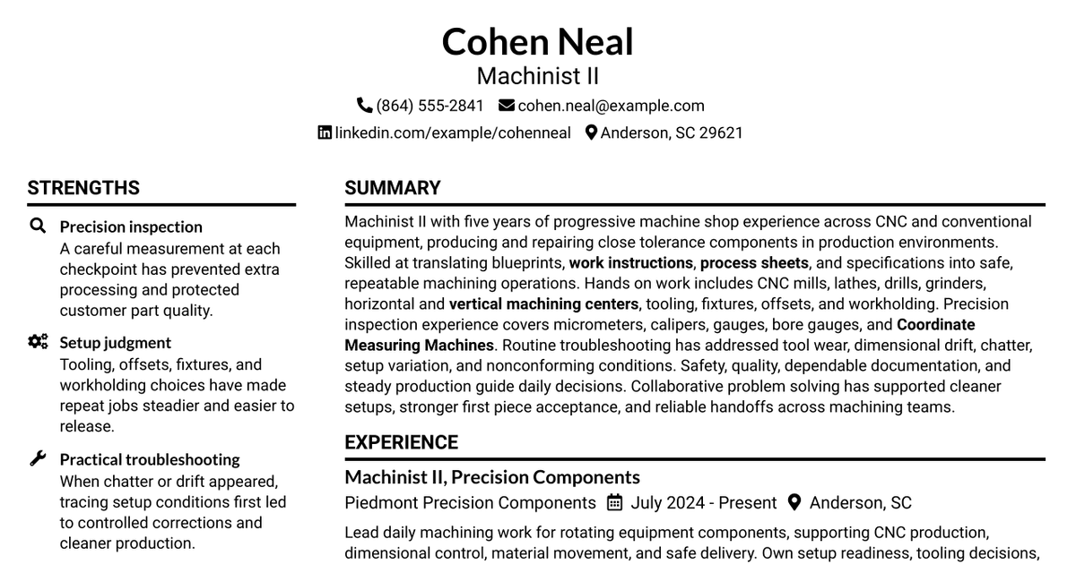 7 Machinist II Resume Templates with Example