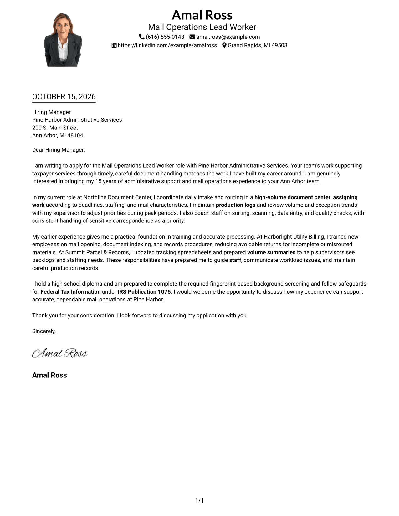 Cover letter example — page 1