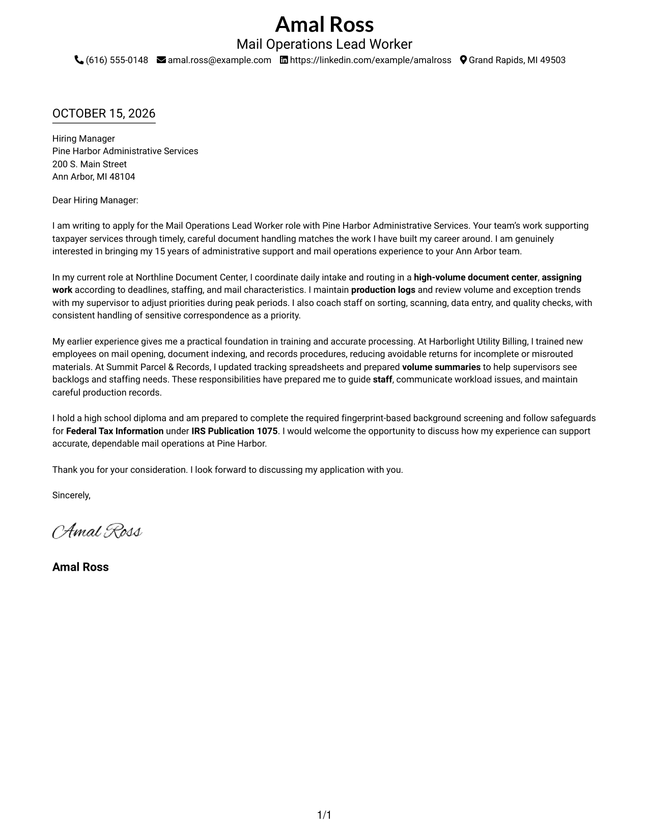 Cover letter example — page 1