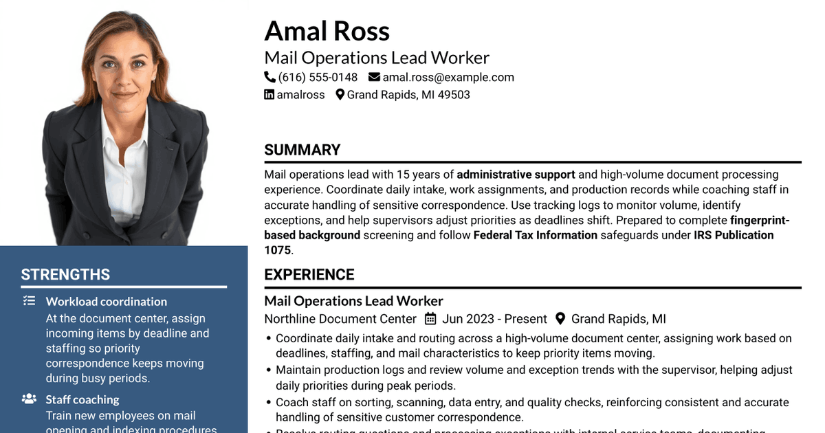 7 Mail Operations Lead Worker Resume Templates with Example