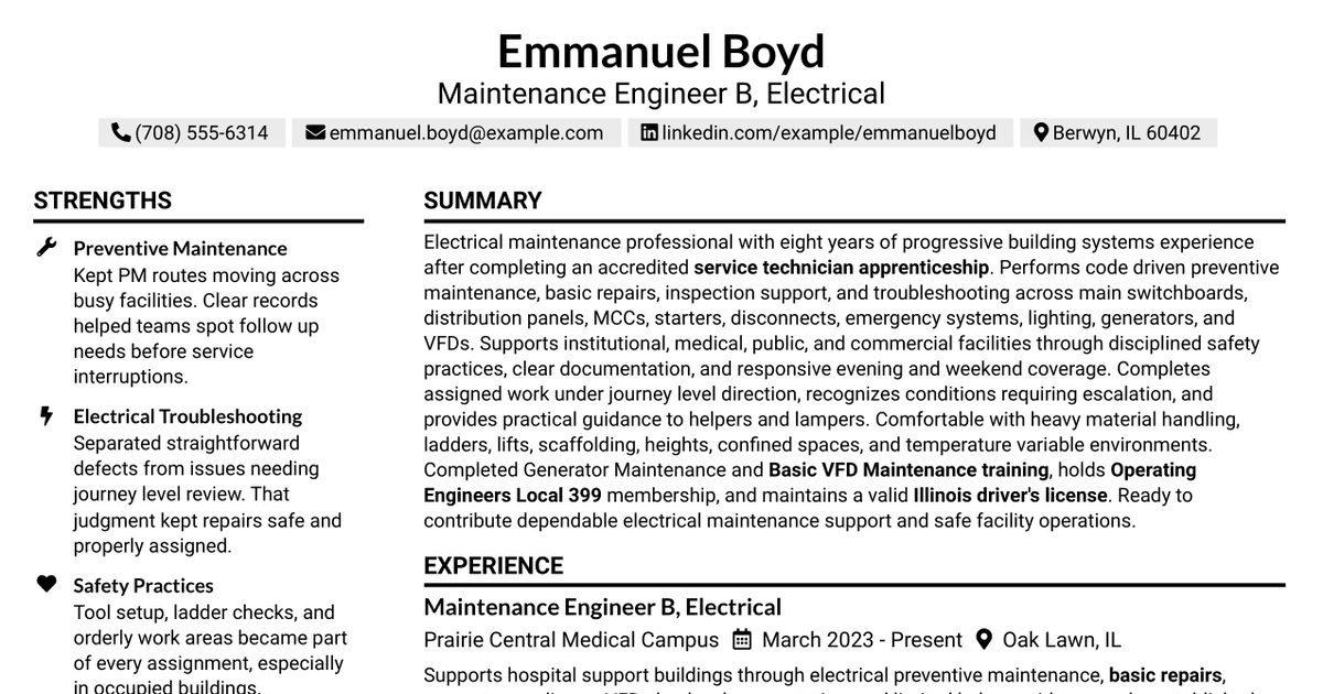 7 Maintenance Engineer B (Electrical) Resume Templates with Example