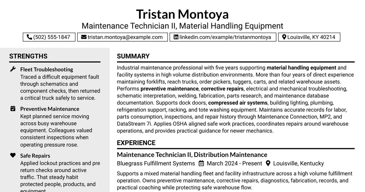 7 Maintenance II - Material Handling Equipment Resume Templates with Example