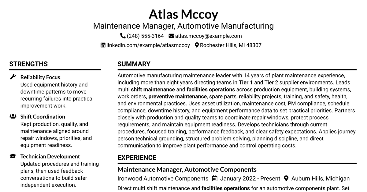 7 Maintenance Manager - Automotive Manufacturing Resume Templates with Example