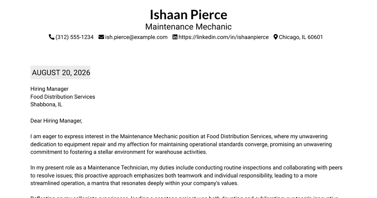 30+ Maintenance Mechanic Cover Letter Templates with Example 2026