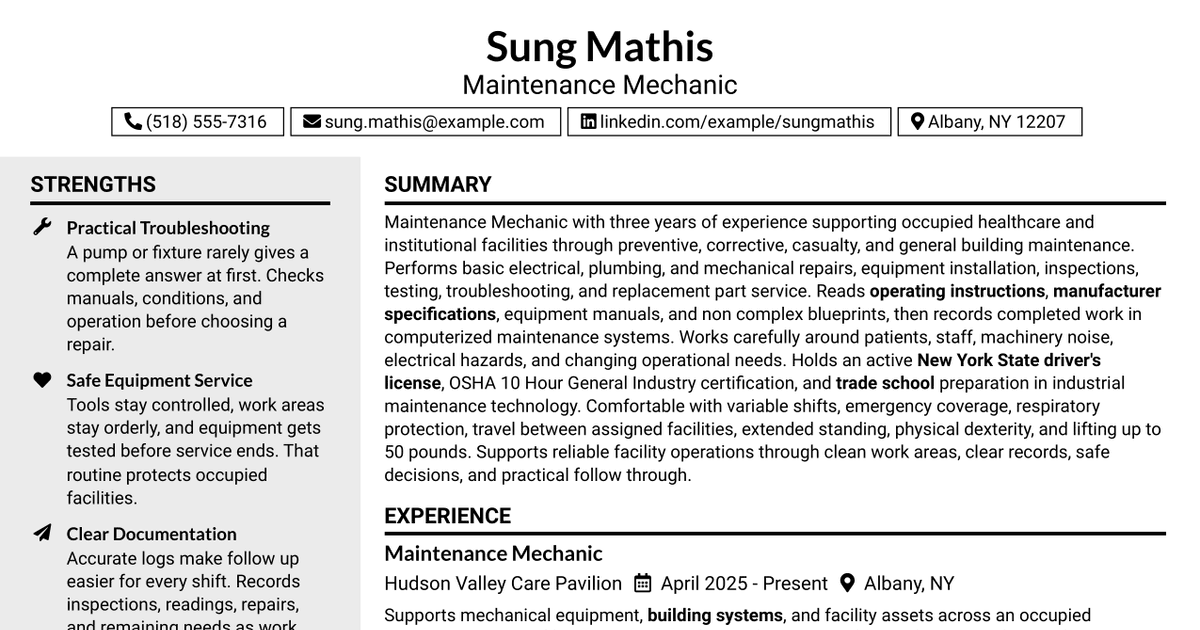 7 Maintenance Mechanic Resume Templates with Example