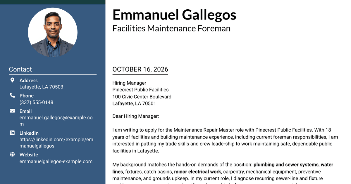 7 Maintenance Repair Master - Facilities Maintenance Cover Letter Templates with Example
