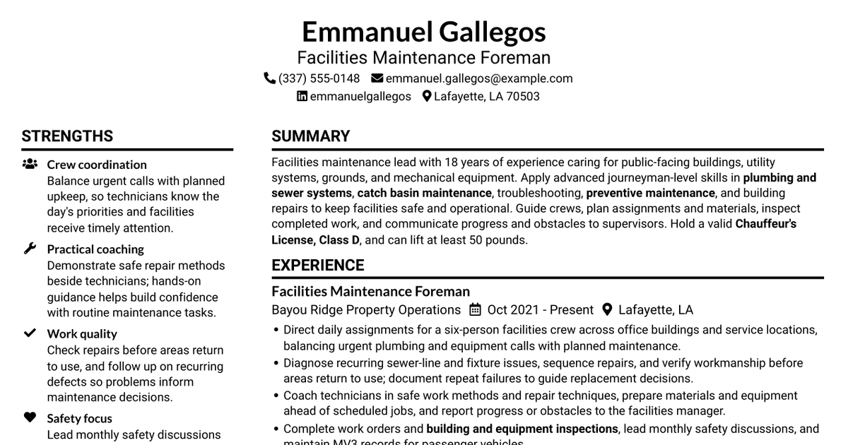 7 Maintenance Repair Master - Facilities Maintenance Resume Templates with Example