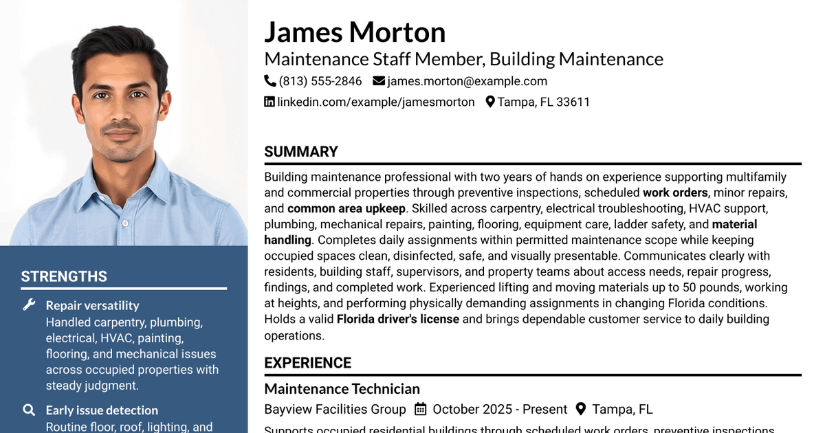 7 Maintenance Staff Member - Building Maintenance Resume Templates with Example