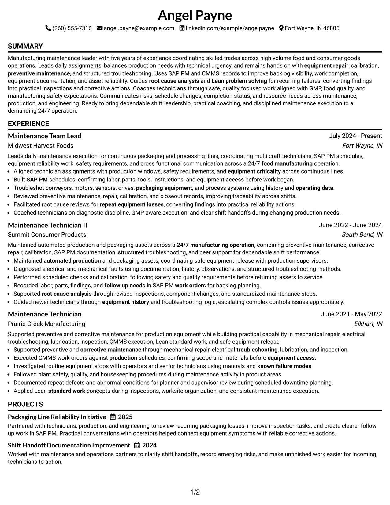 Resume Example Page 1