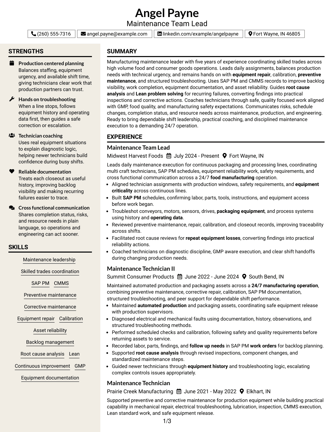 Resume Example Page 1