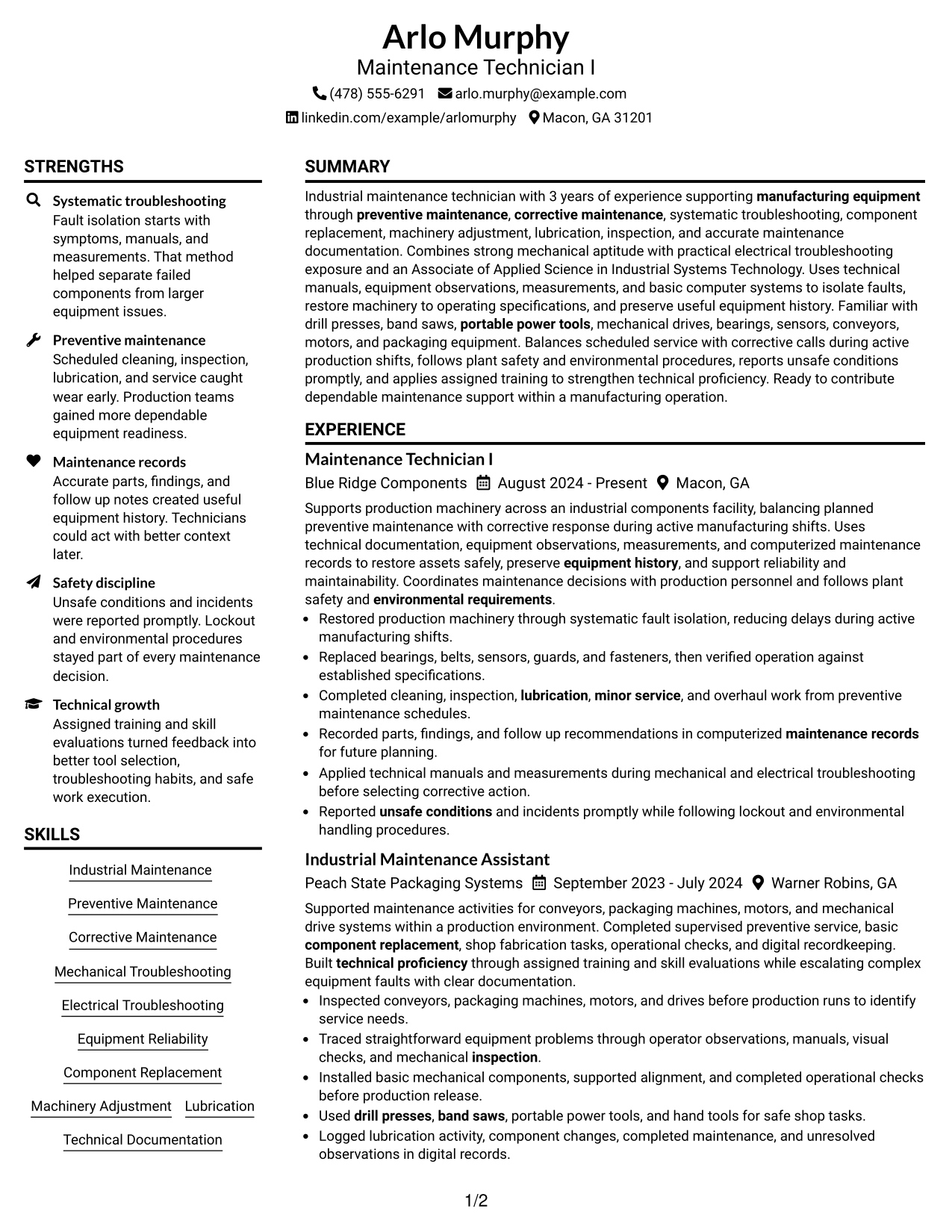 Resume Example Page 1