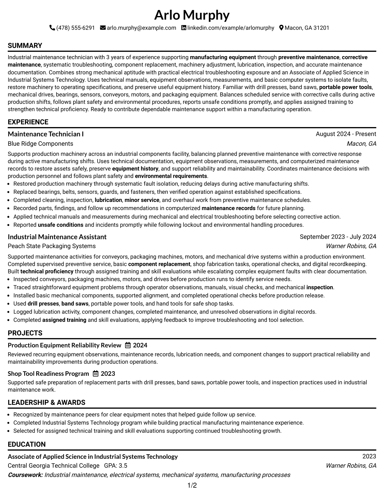 Resume Example Page 1