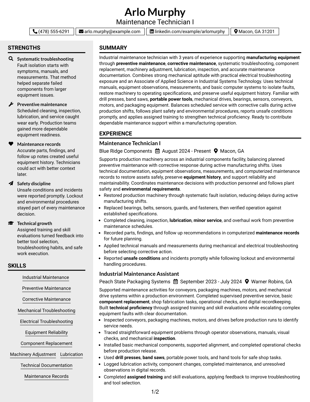 Resume Example Page 1