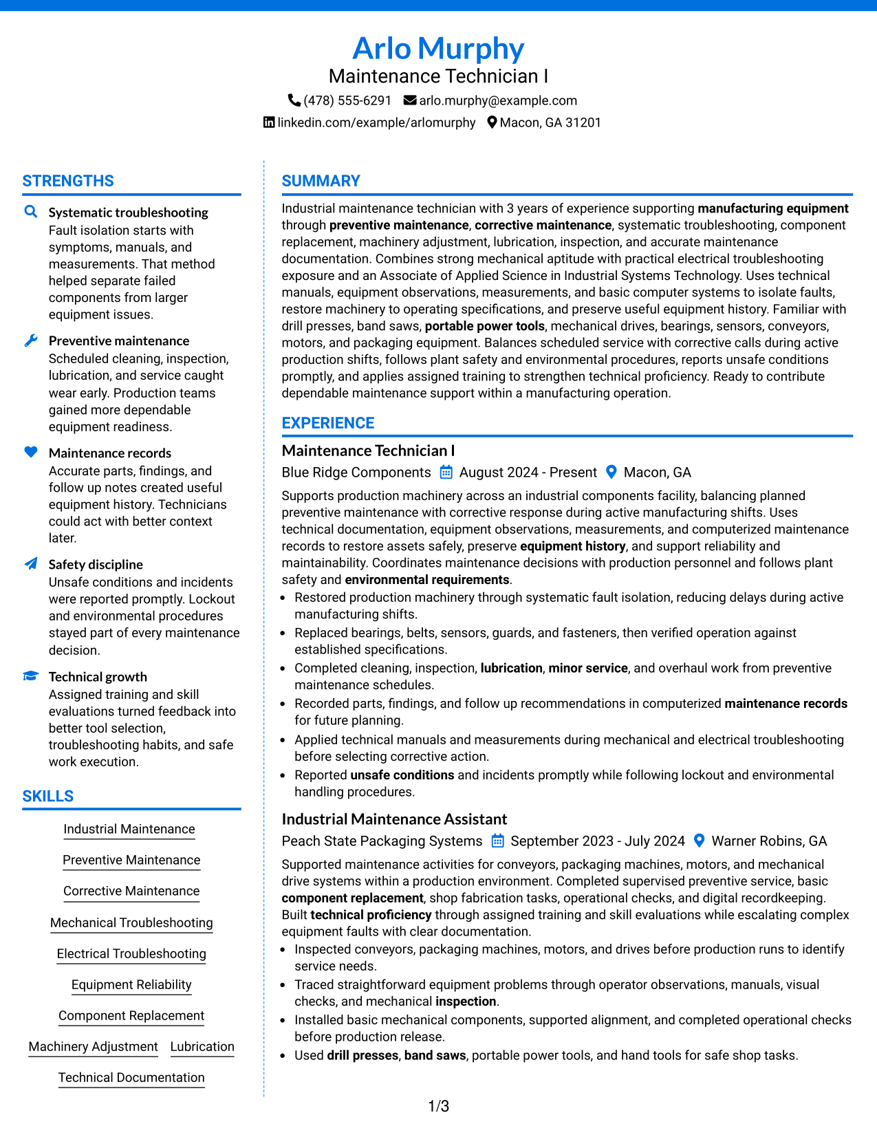 Resume Example Page 1