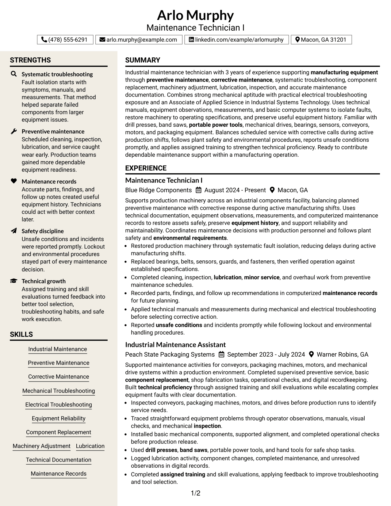 Resume Example Page 1