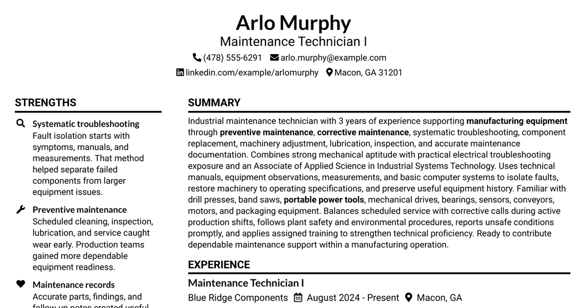 7 Maintenance Tech I Resume Templates with Example