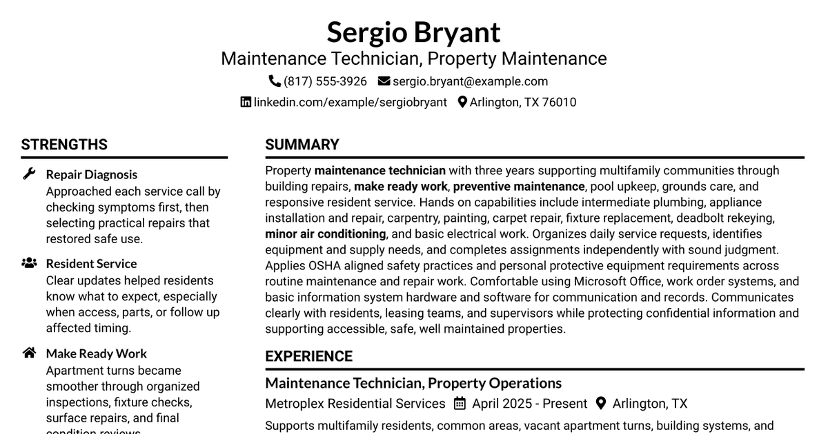 7 Maintenance Tech - Property Maintenance Resume Templates with Example