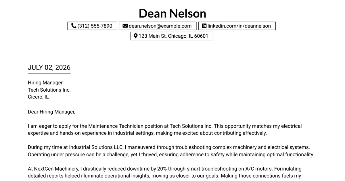 30+ Maintenance Technician/Electrician Cover Letter Templates with Example 2026