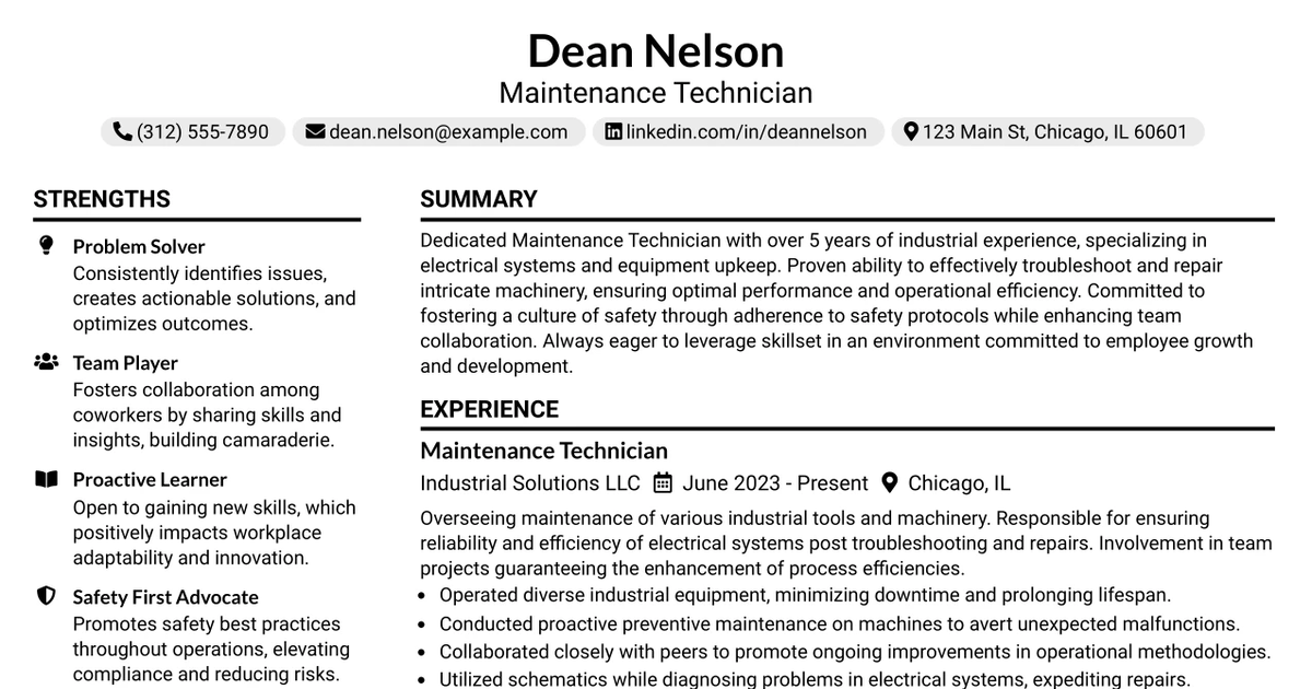 33 Maintenance Technician/Electrician Resume Templates with Example 2026 (ATS-Optimized)