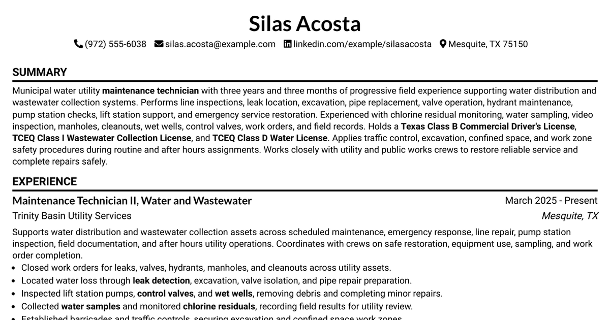 7 Maintenance Technician I, II, or III - Water Resume Templates with Example