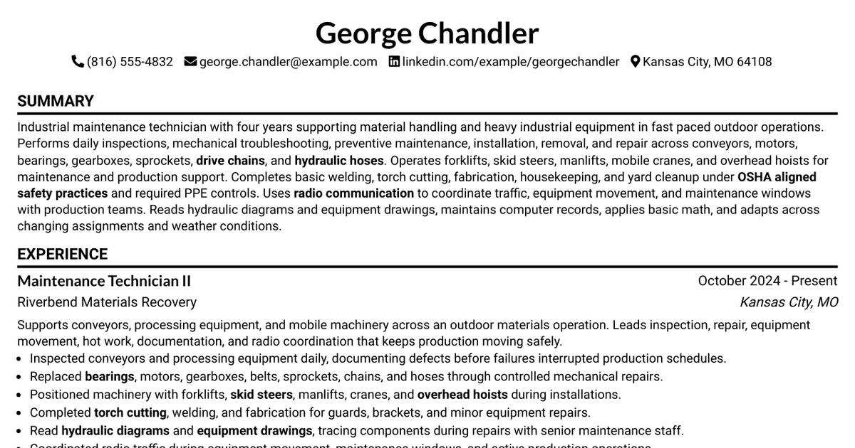 7 Maintenance Technician II Resume Templates with Example