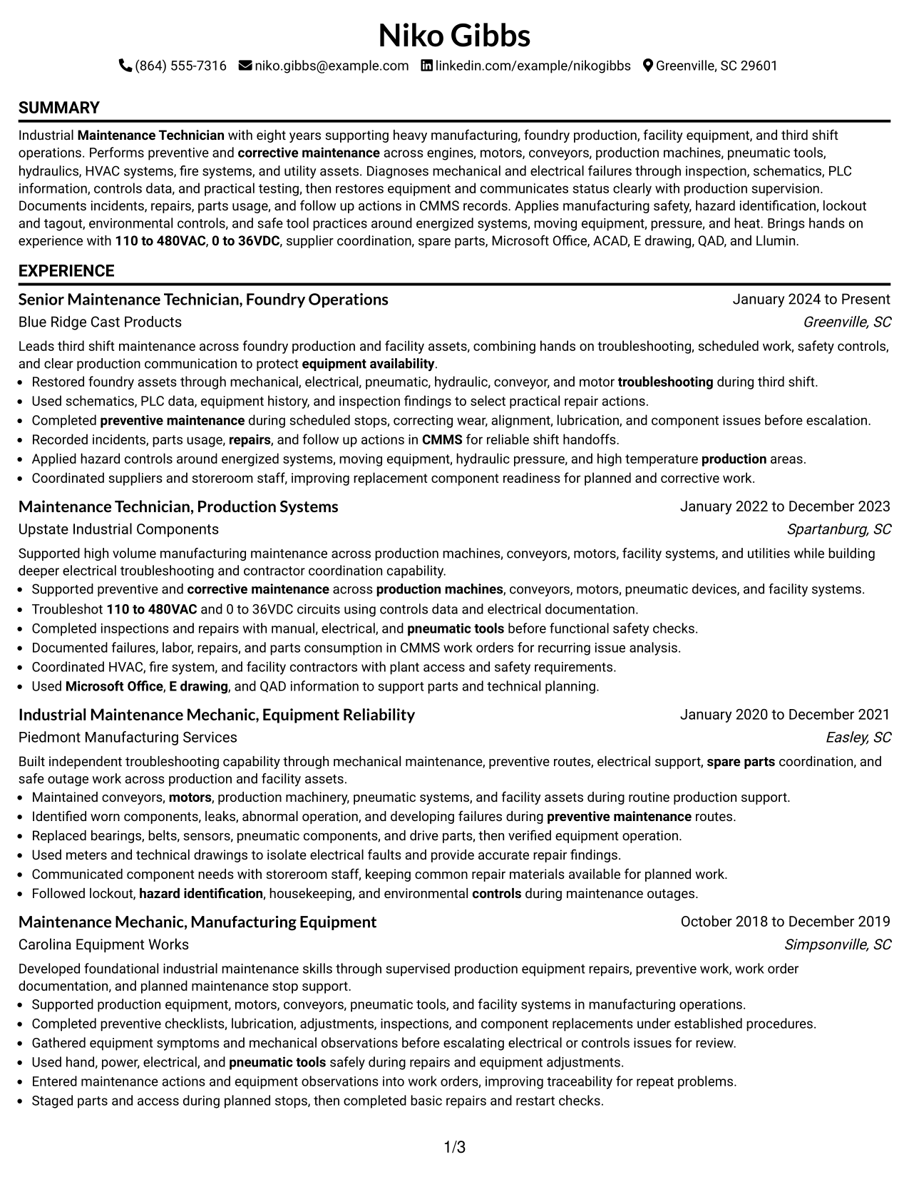 Resume Example Page 1