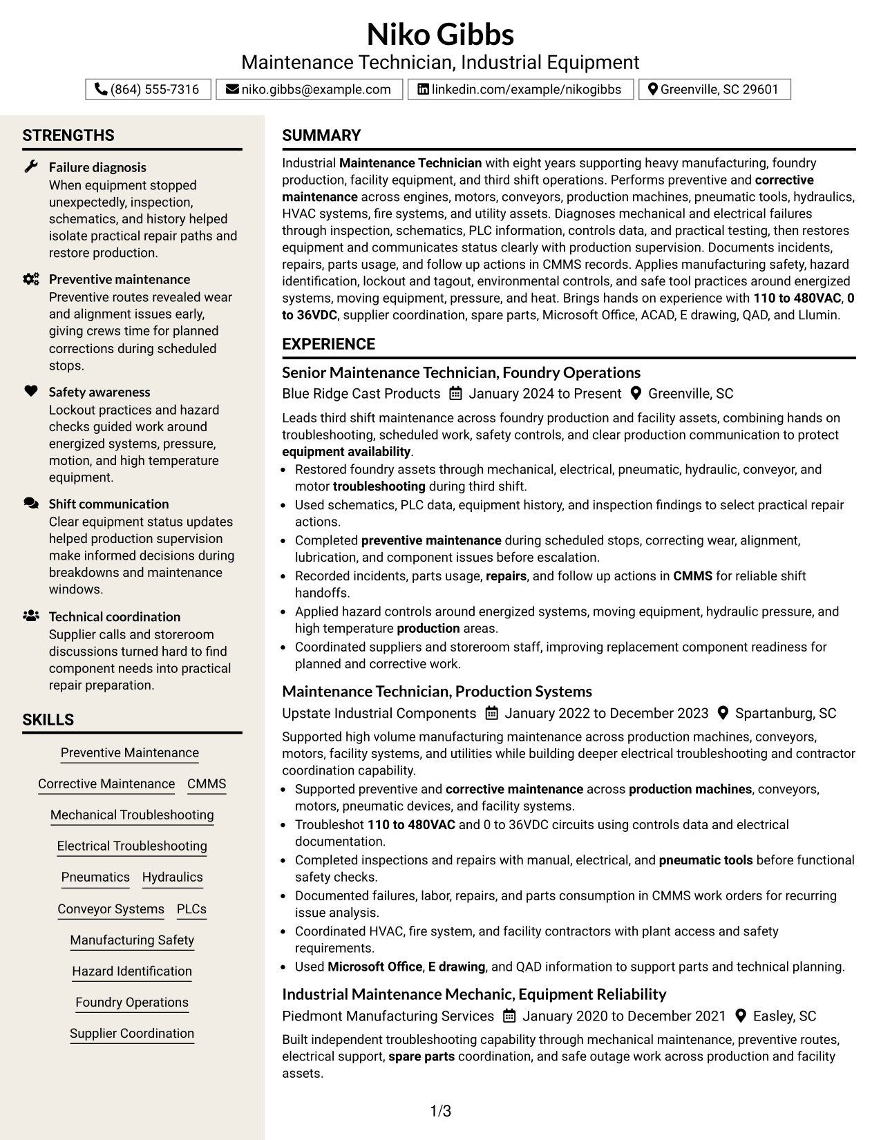 Resume Example Page 1
