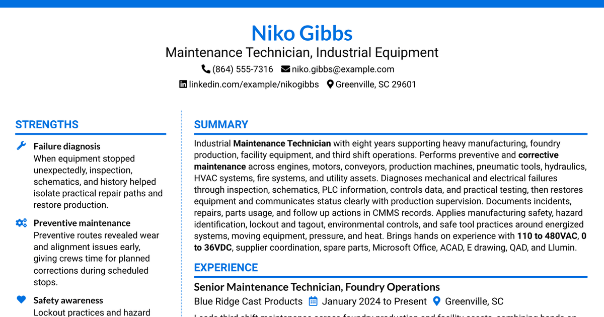 7 Maintenance Technician - Industrial Equipment Resume Templates with Example