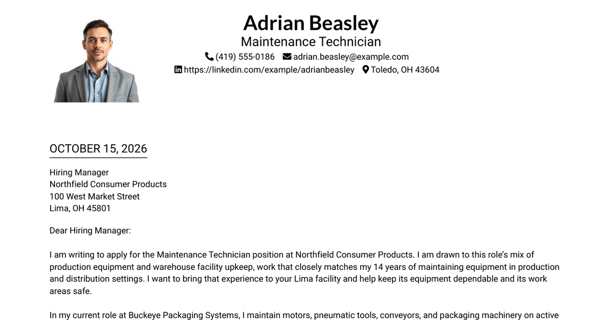 7 Maintenance Technician - Production Equipment Cover Letter Templates with Example