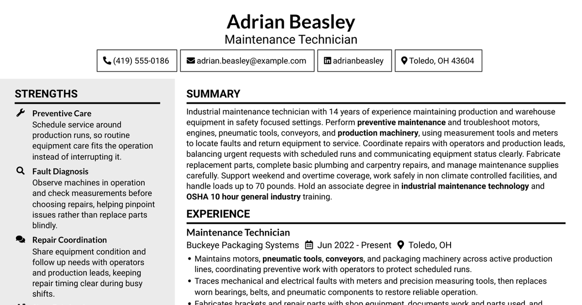 7 Maintenance Technician - Production Equipment Resume Templates with Example