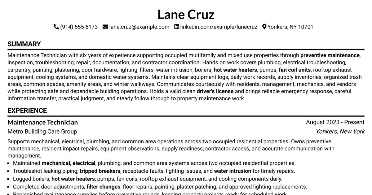 7 Maintenance Technician Resume Templates with Example