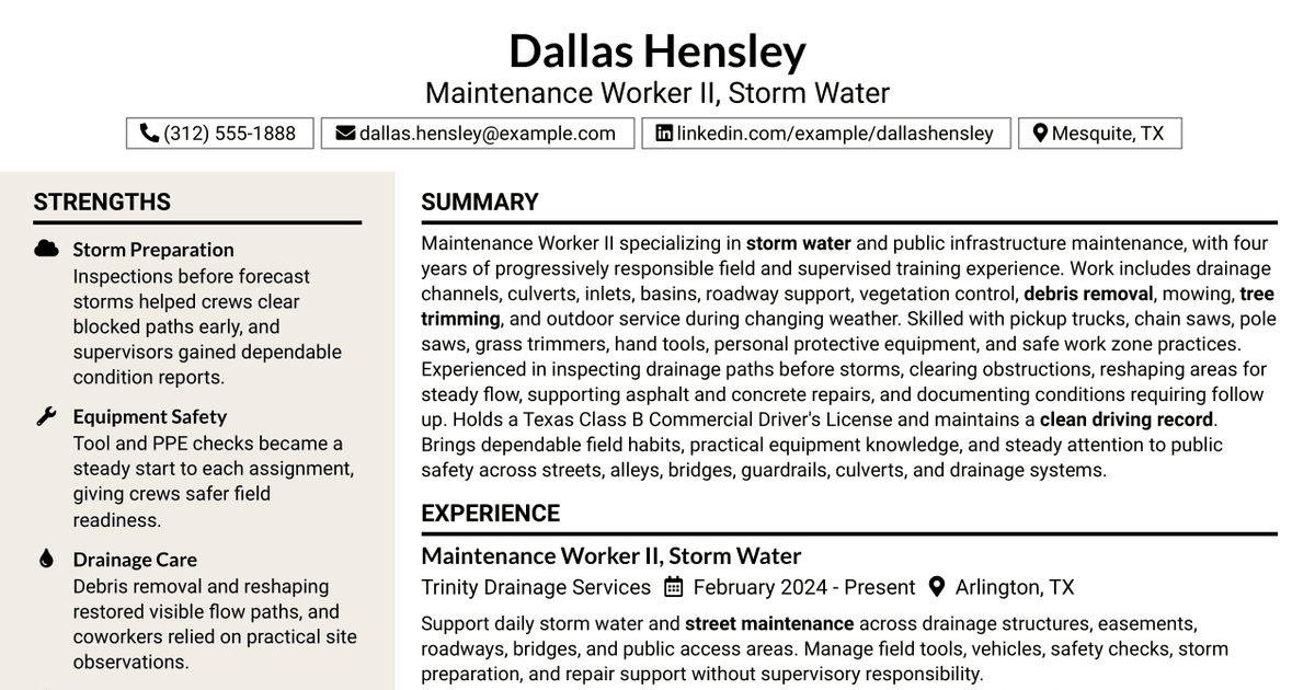 7 Maintenance Worker II - Storm Water Resume Templates with Example