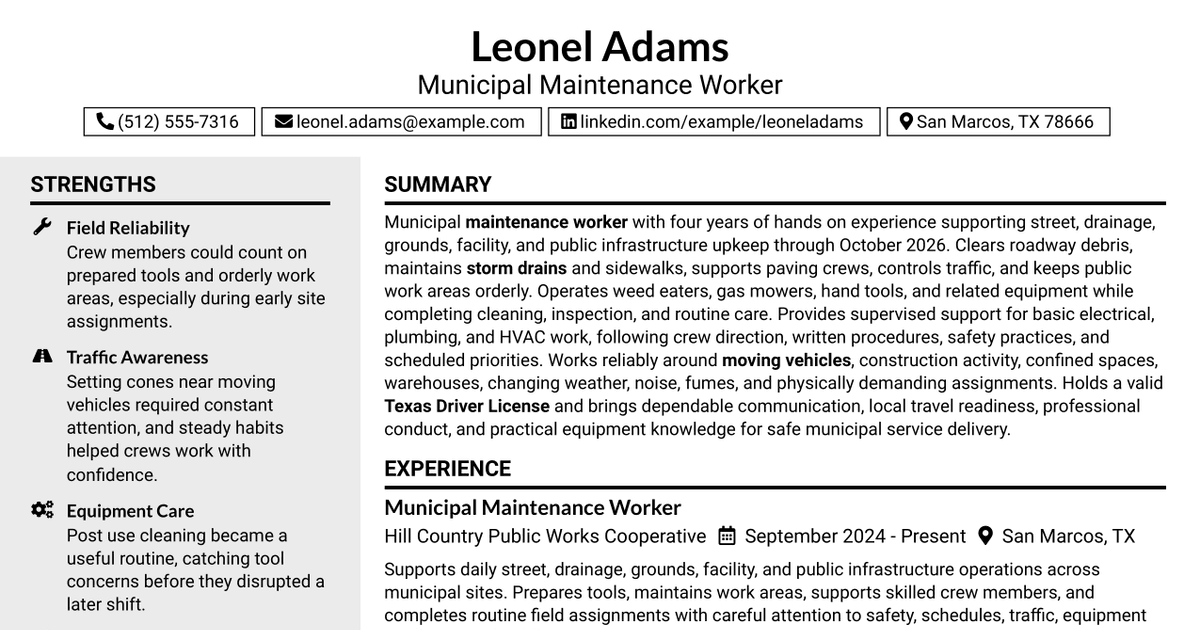 7 Maintenance Worker - Municipal Infrastructure Resume Templates with Example
