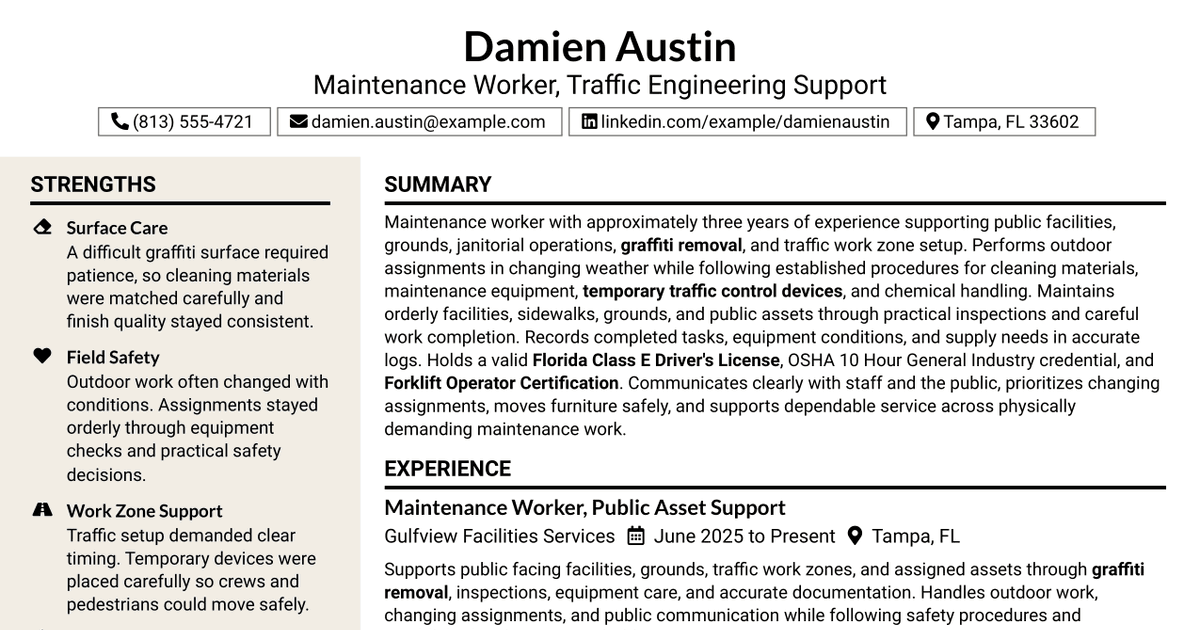 7 Maintenance Worker - Traffic Engineering Division Resume Templates with Example