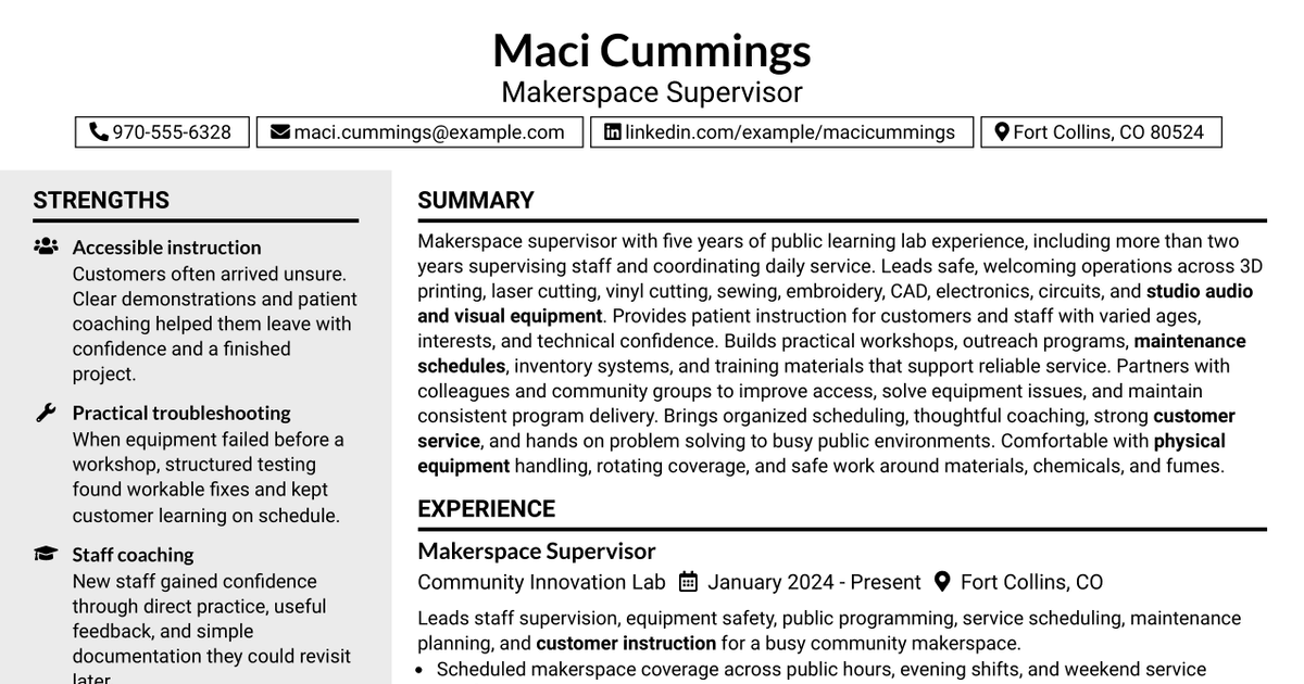 7 Makerspace Supervisor Resume Templates with Example