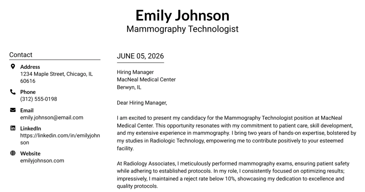 30+ Mammography Technologist Cover Letter Templates with Example 2026
