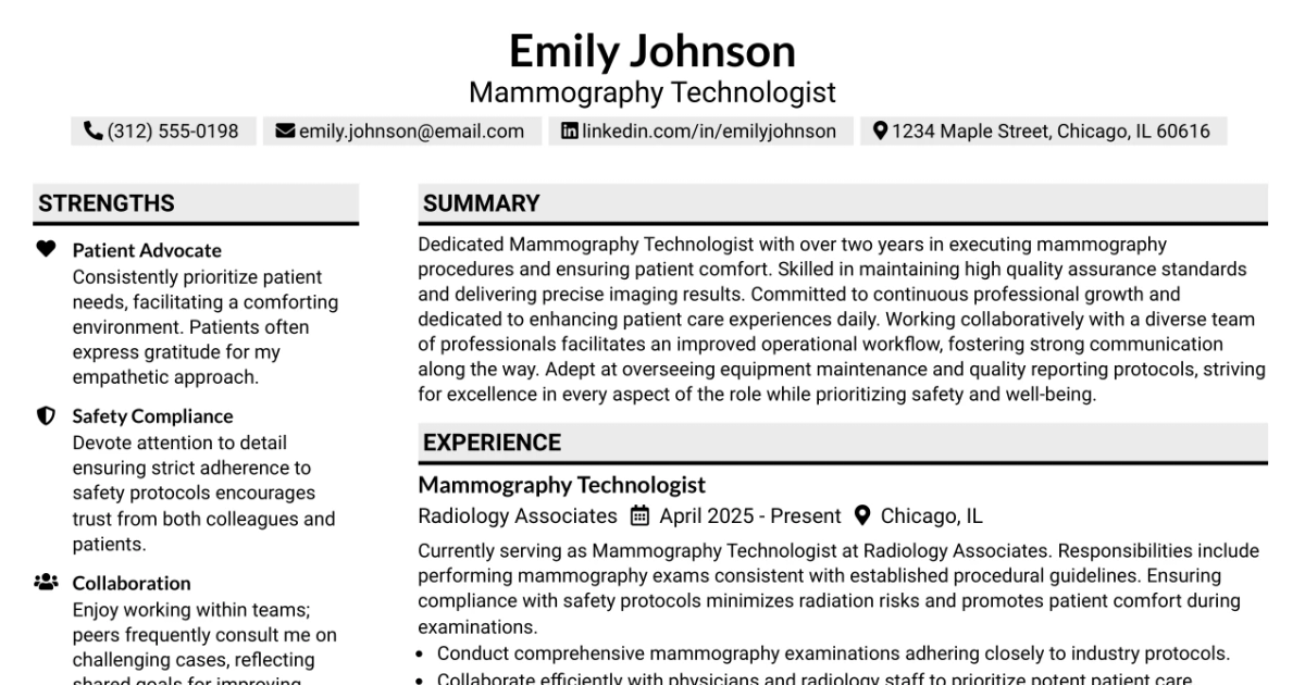 33 Mammography Technologist Resume Templates with Example 2026 (ATS-Optimized)