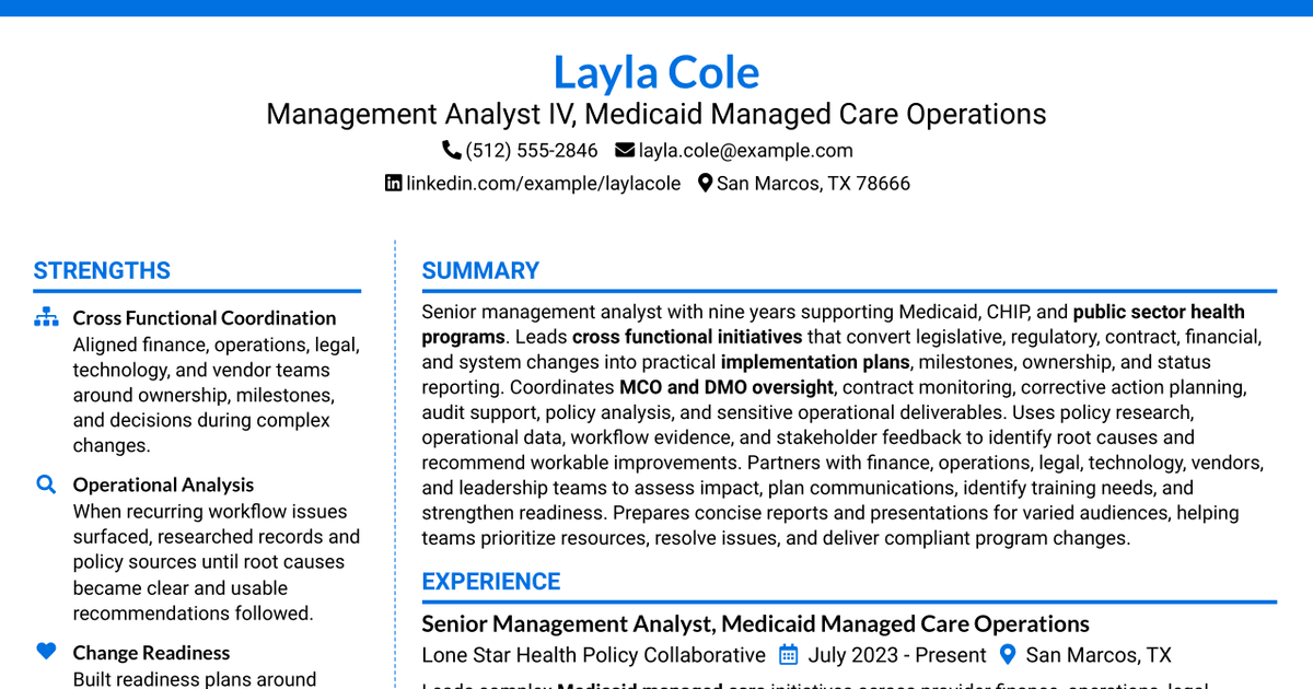 7 Management Analyst IV - Medicaid Managed Care Operations Resume Templates with Example