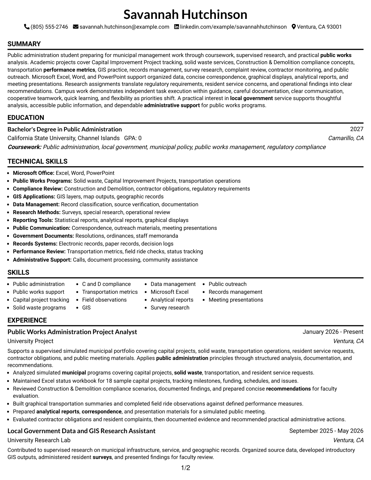Resume Example Page 1