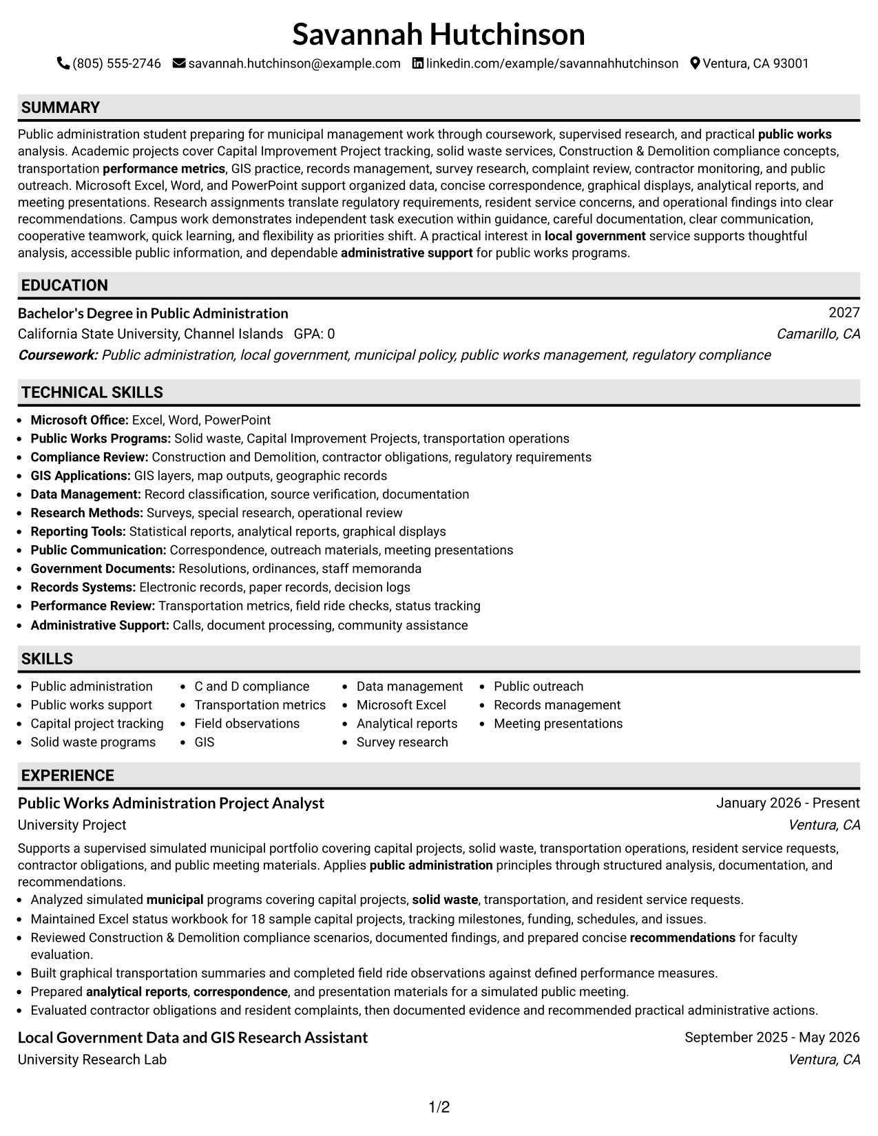 Resume Example Page 1