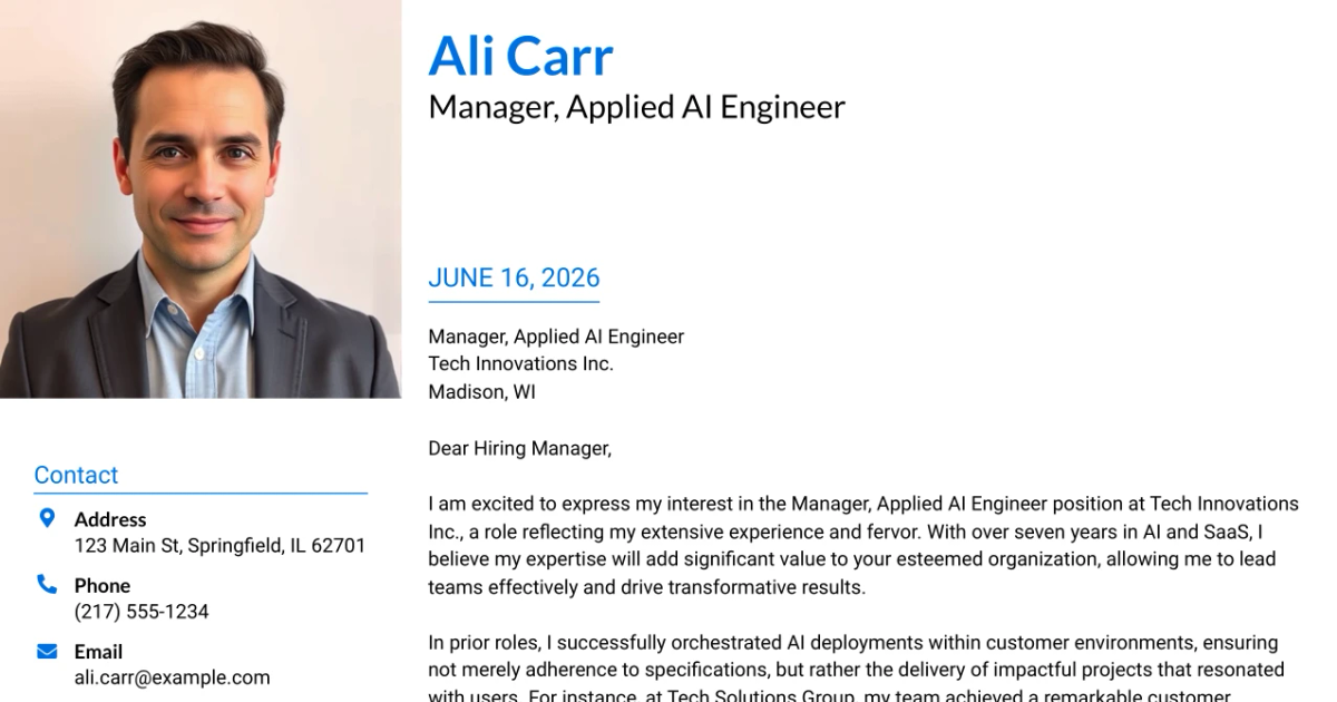 30+ Manager, Applied AI Engineer Cover Letter Templates with Example 2026