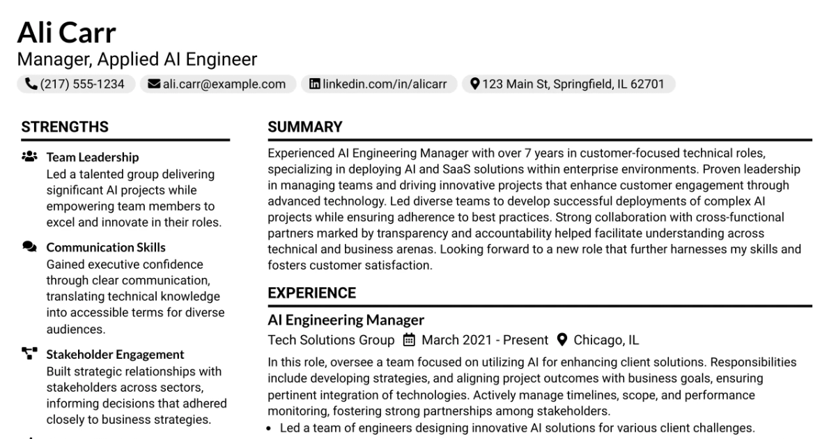 33 Manager, Applied AI Engineer Resume Templates with Example 2026 (ATS-Optimized)