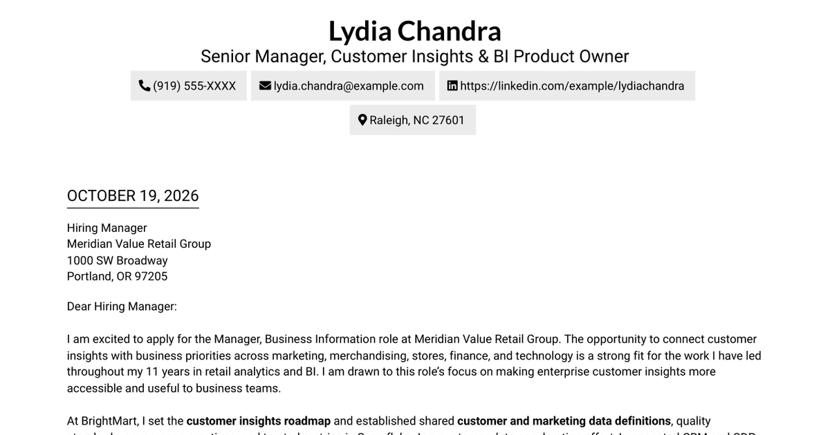 7 Manager, Business Information - Customer Insights & BI Cover Letter Templates with Example