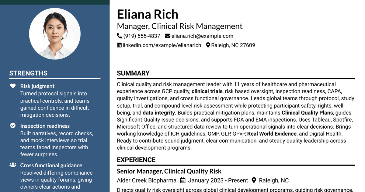 7 Manager, Clinical Risk Management Resume Templates with Example
