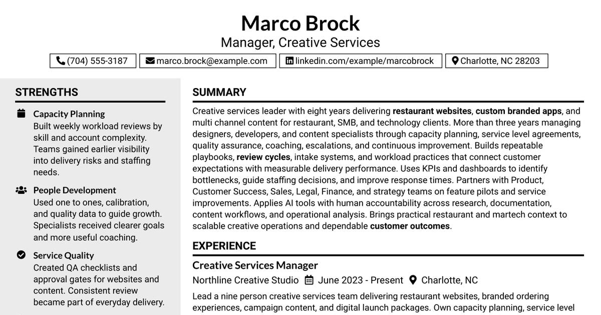 7 Manager, Creative Services Resume Templates with Example