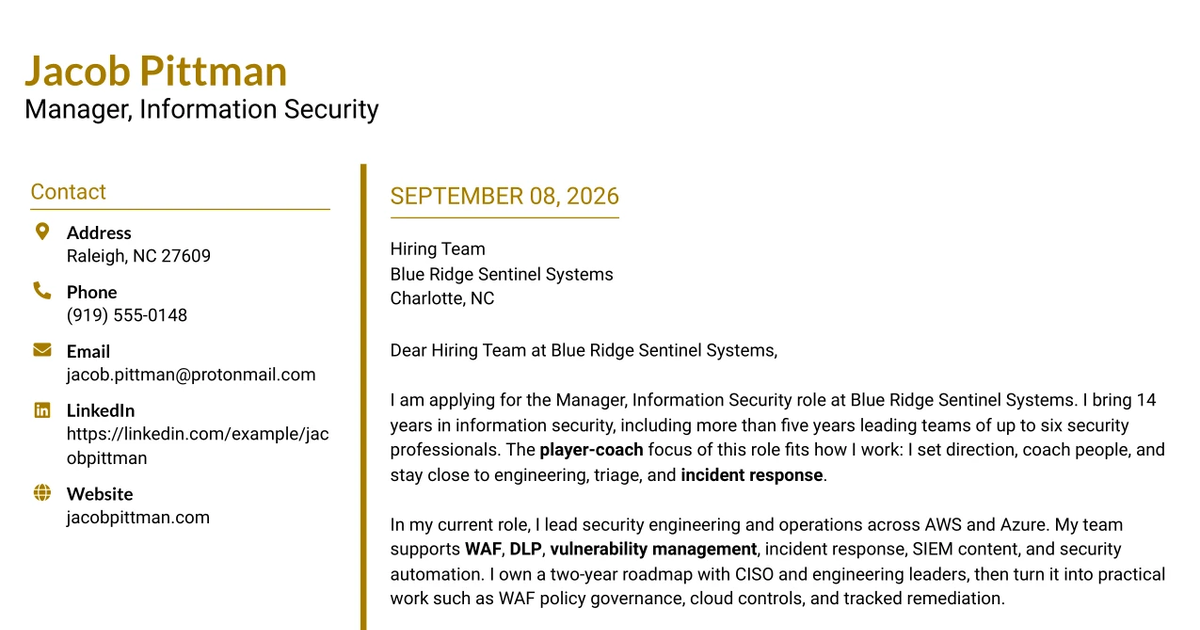 30+ Manager, Information Security Cover Letter Templates with Example 2026
